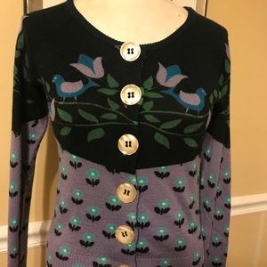 Anthropologie Knitted Dove Bird Theme Floral Button-Up Sweater